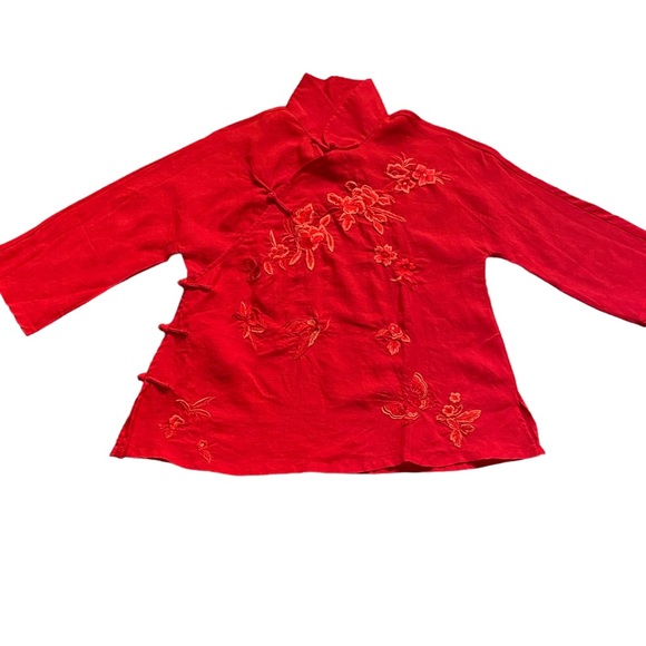 Coral/red Japanese style blouse looks like linen with beautiful embroide… - Picture 3 of 12